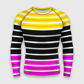 Мужской рашгард 3D с принтом Желтые розовые и черные полосы на белом в Белгороде,  |  | black stripes | pink stripes | stripes | yellow | желтый | полосатый узор | розовый | черные полосы