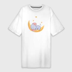 Платье-футболка хлопок с принтом Милый Слонёнок Спит На Месяце Среди Звёзд в Белгороде,  |  | animals | beast | cute | животные | звёзды | звери | месяц | милый | слон | слонёнок