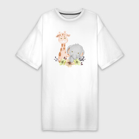 Платье-футболка хлопок с принтом Милый Жирафик и Слонёнок Сидят Среди Цветов в Белгороде,  |  | animals | beast | cute | giraffe | животные | жираф | жирафик | звери | милый | слон | слонёнок | цветы