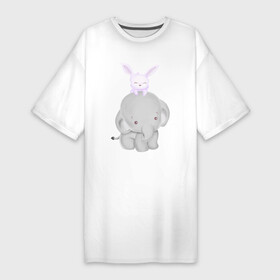 Платье-футболка хлопок с принтом Милый Слонёнок и Крольчонок в Белгороде,  |  | animals | beast | cute | hare | rabbit | животные | заяц | звери | кролик | крольчонок | милый | слон | слонёнок