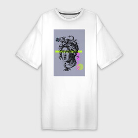 Платье-футболка хлопок с принтом Медуза Горгона с японскими иероглифами в Белгороде,  |  | графический дизайн | девушка | древняя греция | змеи | змея | иероглиф | медуза | медуза горгона | миф | неон | персей | японский язык
