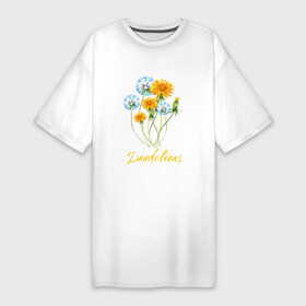 Платье-футболка хлопок с принтом Одуванчики Dandelions в Белгороде,  |  | botany | dandelions | yellow flowers | ботаника | ботанический | желтые цветы | одуванчик | одуванчики | растения | растительный