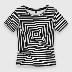 Женская футболка 3D Slim с принтом Broken Square в Белгороде,  |  | иллюзия | иллюзия линии | квадрат | квадраты | психоделика | черно   белое