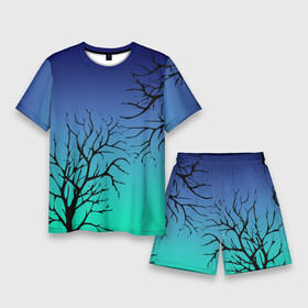 Мужской костюм с шортами 3D с принтом Черные абстрактные ветки деревьев на сине зеленом градиенте в Белгороде,  |  | abstraction | blue green | gradient | абстракция | ветки | ветки деревьев | градиент | зеленый | синий