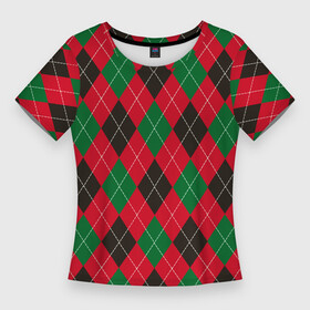 Женская футболка 3D Slim с принтом классический аргайл в Белгороде,  |  | argyle | english style | geometric figure | geometric pattern | geometry | harlequin | red | rhombuses | tartan | английский стиль | аргайл | арлекин | белый | геометрическая фигура | геометрический рисунок | геометрия | зеленый | классика | кра