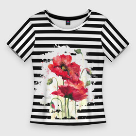 Женская футболка 3D Slim с принтом Red poppies Акварельные цветы в Белгороде,  |  | poppies | red poppies | watercolor | акварель | красные маки | маки | полосатый | черно белые полосы