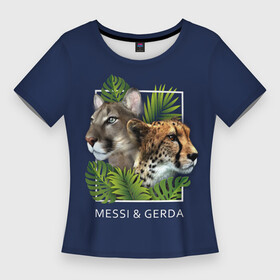 Женская футболка 3D Slim с принтом Messi  Gerda в Белгороде,  |  | гепард | герда | квадрат | кошки | листья | месси | надпись | папоротник | пума