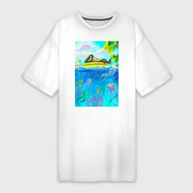 Платье-футболка хлопок с принтом Енот и утки на летнем отдыхе в Белгороде,  |  | водой | водоросли | енот | кораллы | круг | лето | медуза | море | океан | пальмы | плавательный | под | птица | рыбка | утка