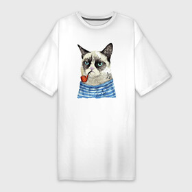 Платье-футболка хлопок с принтом Котяра в тельняшке с трубкой  Grumpy cat  Meme в Белгороде,  |  | anchor | cat | ears | eyes | grumpy cat | meme | muzzle | vest | глаза | котёнок | мем | тельняшка | уши | якорь