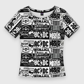 Женская футболка 3D Slim с принтом THE TEXTURE OF LEGENDARY ROCK BANDS в Белгороде,  |  | ac dc | linkin park | metallica | nirvana | группы | музыкальная | популярные | рок