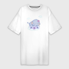 Платье-футболка хлопок с принтом Милый Слонёнок Спит На Облачке С Цветами в Белгороде,  |  | animals | beast | cute | животные | звери | милый | облако | слон | слонёнок | цветы