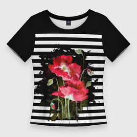 Женская футболка 3D Slim с принтом Акварельные красные маки на черно белом полосатом фоне в Белгороде,  |  | flowers | watercolor | watercolor poppies | акварель | акварельные маки | маки | полосы | черно белый