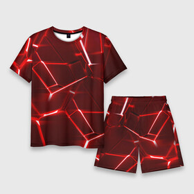 Мужской костюм с шортами 3D с принтом Red fault в Белгороде,  |  | 3d плиты | абстракция | красная | красный | неон | плитка | разлом | текстура