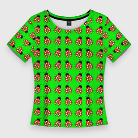 Женская футболка 3D Slim с принтом LADYBUG ON A GREEN BACKGROUND в Белгороде,  |  | акварель | жук | зеленый | красный | насекомое | точки | узор | черный