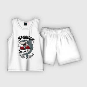 Детская пижама с шортами хлопок с принтом Shark boxing team в Белгороде,  |  | boxing gloves | fangs | fin | force | jaw | power | shark | tail | team | teeth | акула | бокс | зубы | клыки | мощь | пасть | перчатки | плавник | сила | хвост
