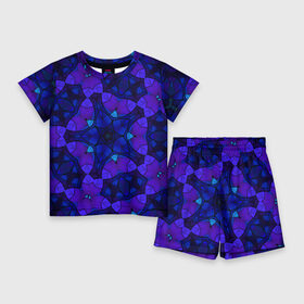 Детский костюм с шортами 3D с принтом Калейдоскоп геометрический сине фиолетовый узор в Белгороде,  |  | blue | geometric pattern | геометрический узор | неоновый | синий | фиолетовый
