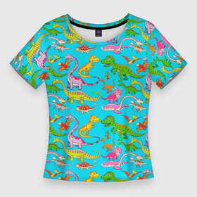 Женская футболка 3D Slim с принтом FUNNY DINOSAURS в Белгороде,  |  | animals | brontosaurus | childrens pictures | predators | pterodactyl | tyrannosaurus | бронтозавр | детские картинки | животные | птеродактиль | тиранозавр | хищники