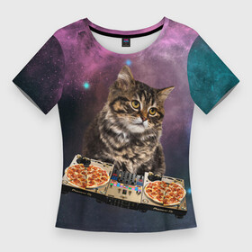 Женская футболка 3D Slim с принтом Космический котёнок диджей  Space DJ Cat в Белгороде,  |  | galaxy | in space | pizza | vinyl | vynil | в космосе | винил | вселенная | галактика | диск жокей | космическая кошка | космический кот | космос | кот | котик | котята | микшер | пицца | прикол | пульт | юмор