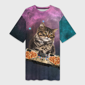 Платье-футболка 3D с принтом Космический котёнок диджей  Space DJ Cat в Белгороде,  |  | galaxy | in space | pizza | vinyl | vynil | в космосе | винил | вселенная | галактика | диск жокей | космическая кошка | космический кот | космос | кот | котик | котята | микшер | пицца | прикол | пульт | юмор