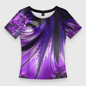 Женская футболка 3D Slim с принтом Неоновый фрактал черный с фиолетовым  Абстракция в Белгороде,  |  | абстракция | геометрия | кислотный | металлик | неон | текстура | фиолетовый | фрактал | черный