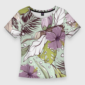 Женская футболка 3D Slim с принтом Розово сиреневые цветы петуньи с зеленовыми , бежевыми, белыми и коричневыми пальмовыми листами на мятном фоне в Белгороде,  |  | банановый лист | белые листья | бесшовный | зелёные листья | зеленый | летний паттерн | монстера | мятный | пальмовые листья | паттерн | петунья | розовые цветы | садовые цветы