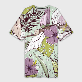 Платье-футболка 3D с принтом Розово сиреневые цветы петуньи с зеленовыми , бежевыми, белыми и коричневыми пальмовыми листами на мятном фоне в Белгороде,  |  | банановый лист | белые листья | бесшовный | зелёные листья | зеленый | летний паттерн | монстера | мятный | пальмовые листья | паттерн | петунья | розовые цветы | садовые цветы