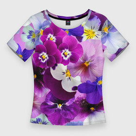 Женская футболка 3D Slim с принтом CHARMING PANSIES в Белгороде,  |  | botanical | bouquet | floral | garden | gre | nature | pansies | pink | plant | spring | summer | yellow | анютины глазки | ботанический | букет | весна | желтый | зеленый | красивый | красочный | лето | лист | природа | растение | розовый