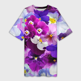 Платье-футболка 3D с принтом CHARMING PANSIES в Белгороде,  |  | botanical | bouquet | floral | garden | gre | nature | pansies | pink | plant | spring | summer | yellow | анютины глазки | ботанический | букет | весна | желтый | зеленый | красивый | красочный | лето | лист | природа | растение | розовый