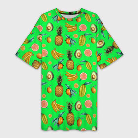 Платье-футболка 3D с принтом FAVORITE EXOTIC FRUITS в Белгороде,  |  | bananas | exotic | food | green | kiwi | leaf | lemon | natural | orange | pineapple | plant | sweet | tropical | yellow | ананас | апельсин | бананы | еда | желтый | зеленый | киви | лимон | лист | натуральный | оранжевый | растение | сладкий | тропическ