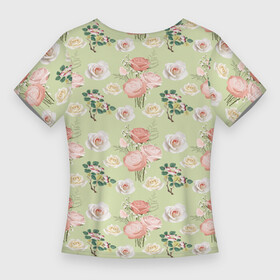 Женская футболка 3D Slim с принтом Розы на фоне салатного цвета roses в Белгороде,  |  | for girls | for women | rose pattern | roses | для девочек | для женщин | принт для девочек | розовые розы | розы | салатный фон | узор из роз