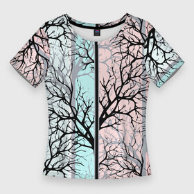 Женская футболка 3D Slim с принтом Абстрактный узор tree branches в Белгороде,  |  | abstract pattern | tree branches | абстрактный узор | ветки | мятный фон | полосатый узор | розовый