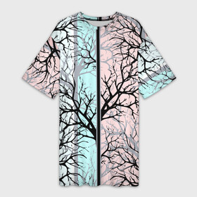 Платье-футболка 3D с принтом Абстрактный узор tree branches в Белгороде,  |  | abstract pattern | tree branches | абстрактный узор | ветки | мятный фон | полосатый узор | розовый