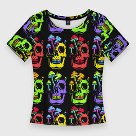 Женская футболка 3D Slim с принтом Мухоморы, растущие на черепе в Белгороде,  |  | color | eye sockets | fly agaric | jaw | mushroom | neon | skull | teeth | глазницы | гриб | зубы | мода | мухомор | неон | пасть | цвет | череп