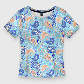 Женская футболка 3D Slim с принтом Турецкий огурец Turkish cucumber blue pattern в Белгороде,  |  | blue background | blue pattern | turkish cucumber | в горошек | модный узор | турецкий огурец