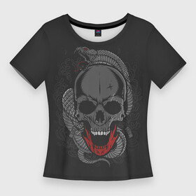 Женская футболка 3D Slim с принтом ЧЕРЕП СО ЗМЕЁЙ в Белгороде,  |  | Тематика изображения на принте: art | background | gothic | skeleton | skull | snake | teeth | арт | готика | змея | зубы | скелет | фон | череп