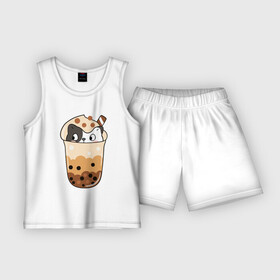 Детская пижама с шортами хлопок с принтом Довольный котик в стакане с мороженым в Белгороде,  |  | кот | котенок | котик | кошечка | лето | мороженое