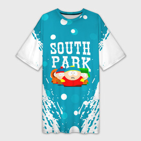Платье-футболка 3D с принтом Южный Парк  на голубом фоне в Белгороде,  |  | south park | sp | батерс | баттерс | гарисон | енот | кайл брофловски | картман | кеннет | кенни | маки | макки | маккормик | марш | мистер | мистереон | мультфильм | полотенчик | ренди | саус парк | сауспарк