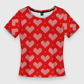 Женская футболка 3D Slim с принтом Вязаные Сердечки в Белгороде,  |  | hearts | knitted | lace | red | white | белый | вязанные | красный | кружево | сердечки | сердца