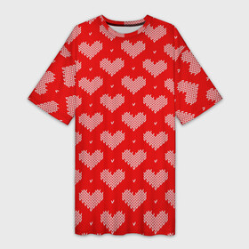 Платье-футболка 3D с принтом Вязаные Сердечки в Белгороде,  |  | hearts | knitted | lace | red | white | белый | вязанные | красный | кружево | сердечки | сердца