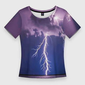 Женская футболка 3D Slim с принтом Разряд молний над океаном в Белгороде,  |  | element | lightning | nature | ocean | storm | storm cloud | гроза | молнмя | океан | природа | стихия | туча