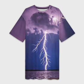 Платье-футболка 3D с принтом Разряд молний над океаном в Белгороде,  |  | element | lightning | nature | ocean | storm | storm cloud | гроза | молнмя | океан | природа | стихия | туча