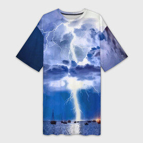Платье-футболка 3D с принтом Разряд молнии над океаном в Белгороде,  |  | element | lightning | nature | ocean | storm | storm cloud | yacht | гроза | молния | океан | природа | стихия | туча | яхта