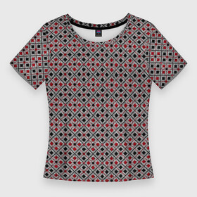 Женская футболка 3D Slim с принтом Красный, черный квадраты на гранжевом сером в Белгороде,  |  | black | checkered | geometric | gray | grunge | plaid | red | red and black | squares | в клетку | геометрический | гранжевый | квадраты | клетчатый | красный | красный и черный | плед | серый | черный