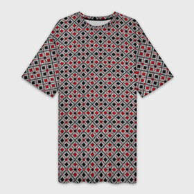 Платье-футболка 3D с принтом Красный, черный квадраты на гранжевом сером в Белгороде,  |  | black | checkered | geometric | gray | grunge | plaid | red | red and black | squares | в клетку | геометрический | гранжевый | квадраты | клетчатый | красный | красный и черный | плед | серый | черный