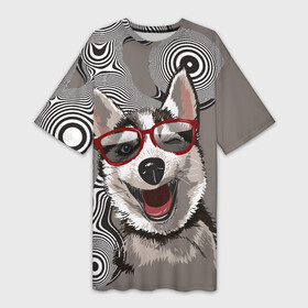 Платье-футболка 3D с принтом Веселый хаски в Белгороде,  |  | веселое | голова собаки | ездовая собака | животное | порода | собака | хаски