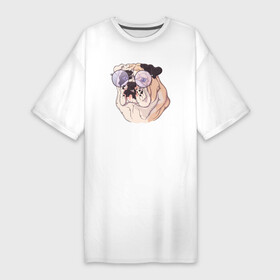Платье-футболка хлопок с принтом Морда бульдога в круглых очках в Белгороде,  |  | бульдог | круглые очки | пес | пёсик | собака