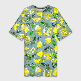 Платье-футболка 3D с принтом Порезанные лимоны  паттерн в Белгороде,  |  | greensoul | lemon | lemons | yellow lemons | желтые лимоны | желтые фрукты | желтый лимон | лимон | лимоны | рисунок лимонов | фрукт | фруктовая иллюстрация