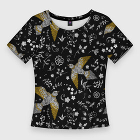 Женская футболка 3D Slim с принтом Птицы и цветы с эффектом вышивки в Белгороде,  |  | birds | greensoul | вышивка | птица | птицы | птичка | птички | растения | с птицами | с эффектом вышивки | цветы | эффект вышивки