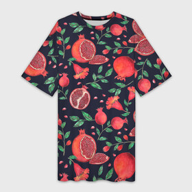 Платье-футболка 3D с принтом Красные гранаты на темном фоне в Белгороде,  |  | greensoul | pomegranate | гранат | гранаты | красные гранаты | красные фрукты | фрукт | фрукты | цветы граната