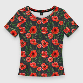 Женская футболка 3D Slim с принтом Красные маки на черном фоне в Белгороде,  |  | greensoul | poppies | poppy | red flowers | red poppies | красные маки | красные цветы | красный мак | мак | маки | растительный | цветочный | цветы
